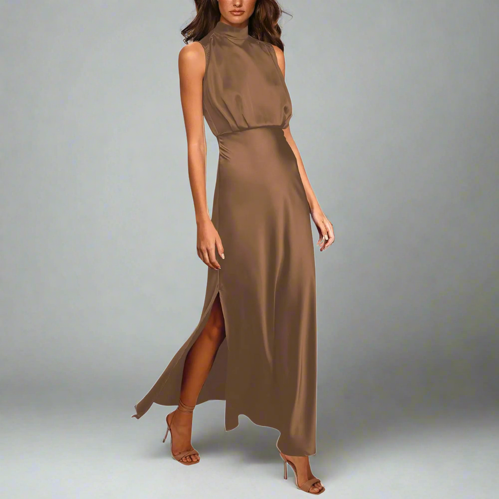 Women’s Evening Gown - Silk Satin - High Neck - Sleeveless - Floor Length with Slit