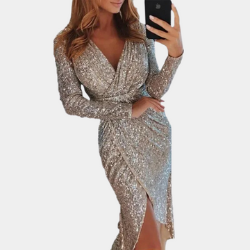 Women's Evening Dress - Sequin Wrap Style - Deep V-Neck - Long Sleeve - High Slit Midi