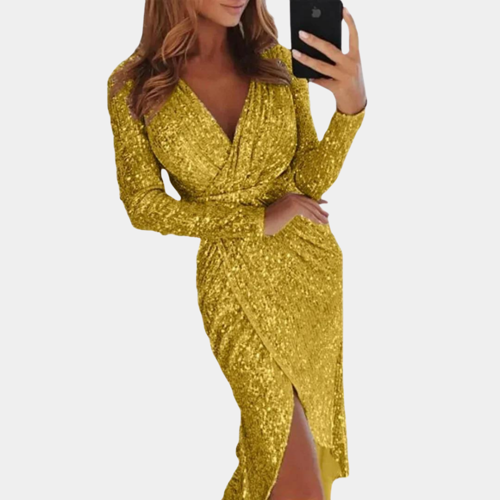 Women's Evening Dress - Sequin Wrap Style - Deep V-Neck - Long Sleeve - High Slit Midi
