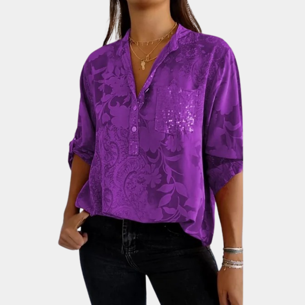Elegant women's long sleeve blouse in purple, adjustable fit for all seasons.