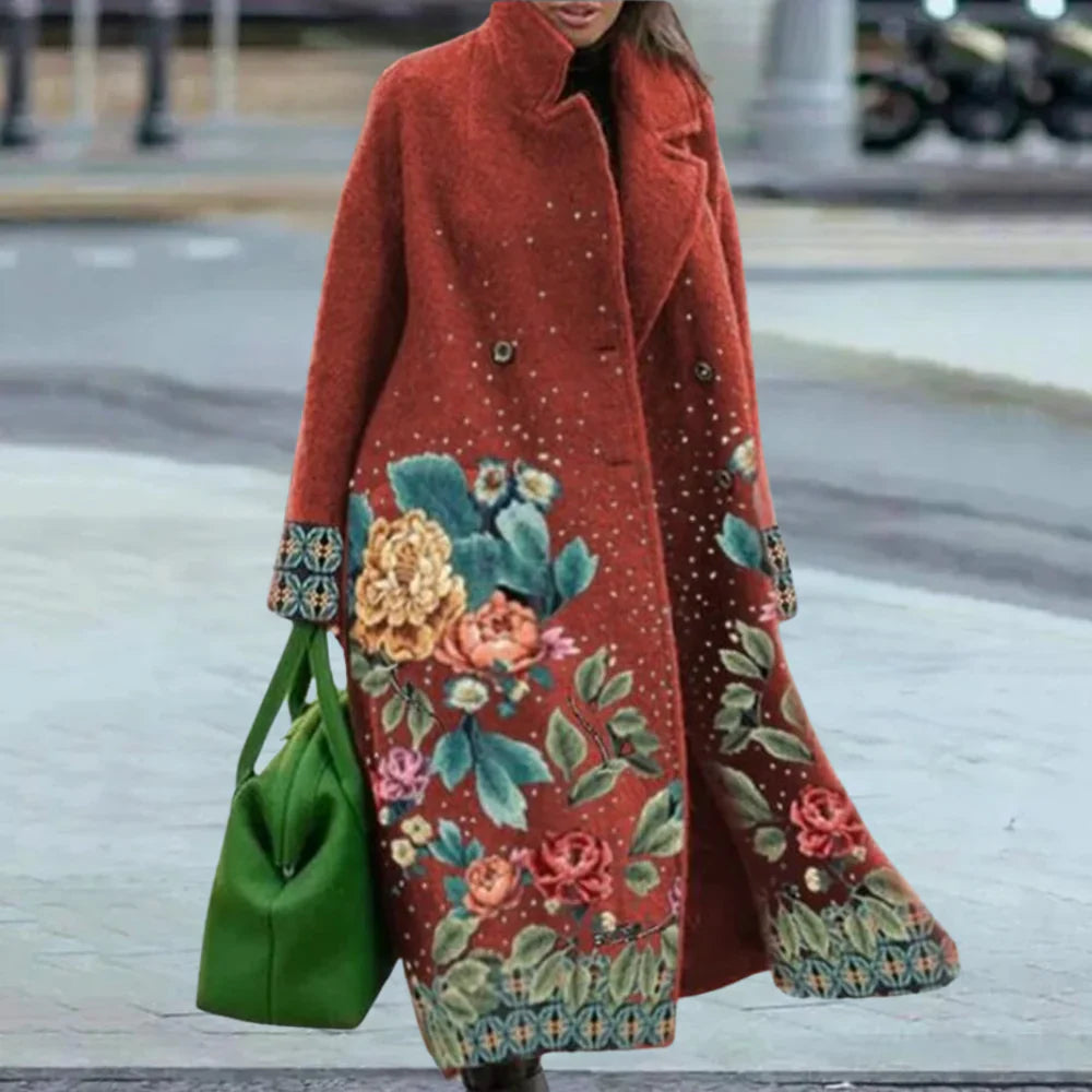 Women’s Overcoat – Wool Blend – Oversized Fit – Full Length – Abstract Pattern – Button Front