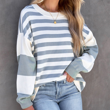 Women’s Sweater – Oversized Relaxed Fit – Cotton Knit – Striped – Crew Neck – Dropped Shoulder