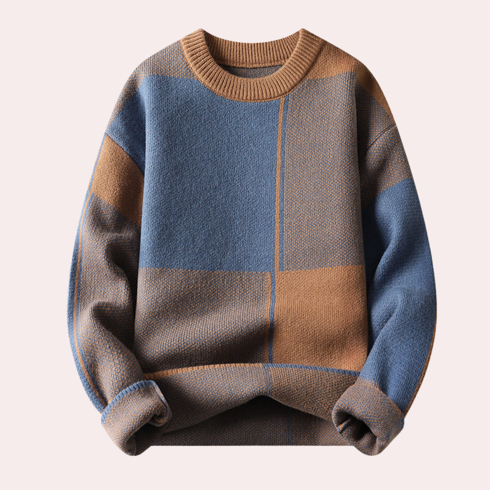 Men’s Sweater – Relaxed Fit – Knit Wool Blend – Geometric Pattern – Ribbed Trim