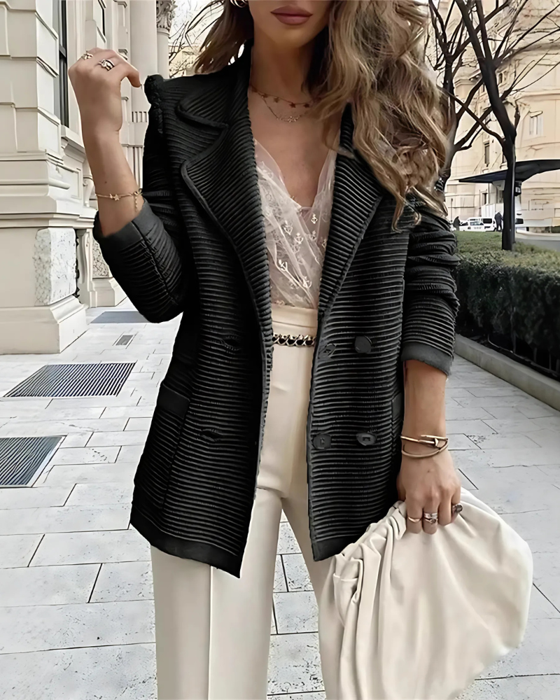 Women’s Blazer Jacket – Ribbed Knit – Relaxed Fit – Double-Breasted – Long Sleeve