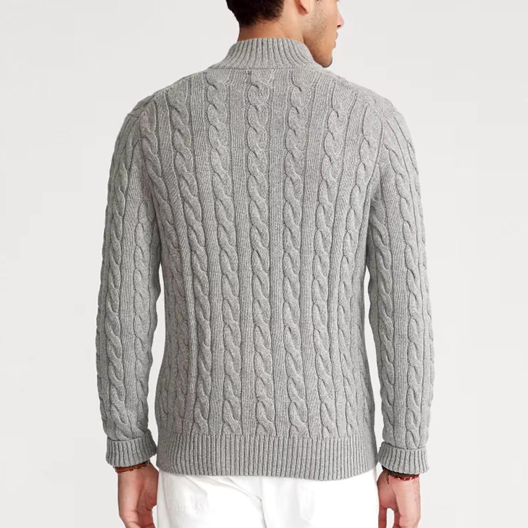 Men’s Half-Zip Sweater –  Regular Fit – Cable Knit – Ribbed Trim