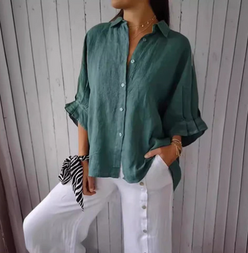 Women’s Blouse - Cotton-Linen Blend - Oversized Fit - Button Placket - Long Sleeve