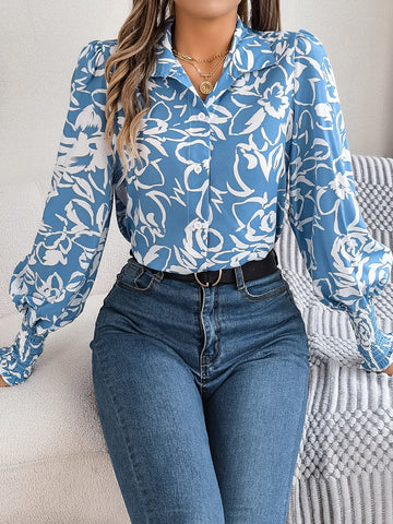 Women's Blouse - Floral Print - Button-Up Shirt Collar - Long Sleeve Silky Fit