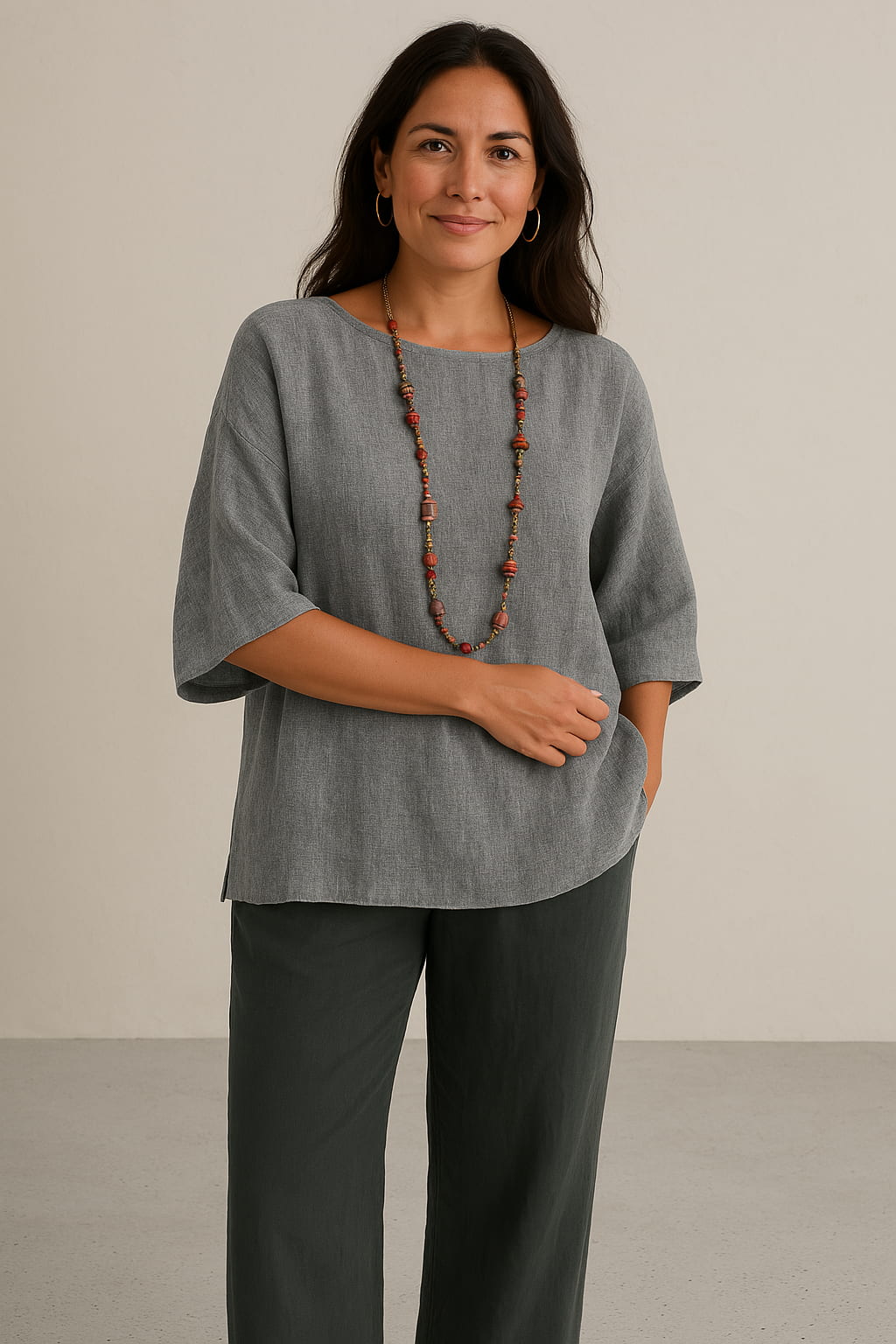 Woman wearing a loose-fitting, 3/4 sleeve linen top.