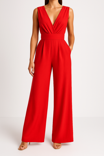 Women’s Jumpsuit – Slim Fit – Wide Leg – Sleeveless V-Neck – High Waist Elegant Style