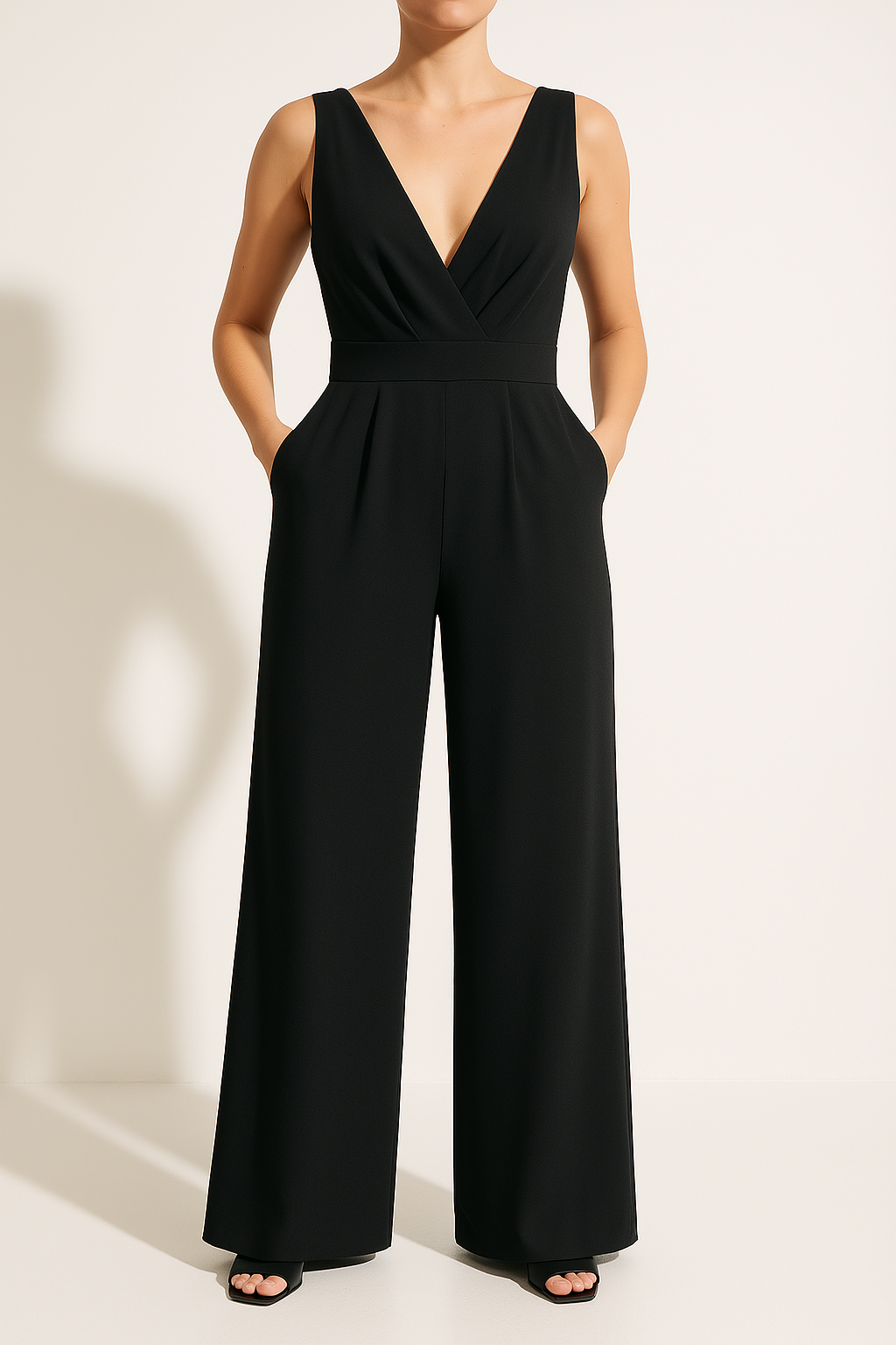 Women’s Jumpsuit – Slim Fit – Wide Leg – Sleeveless V-Neck – High Waist Elegant Style