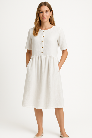 Women’s Midi Dress – Cotton Linen Blend – Relaxed Fit – Short Sleeve with Pockets & Buttons
