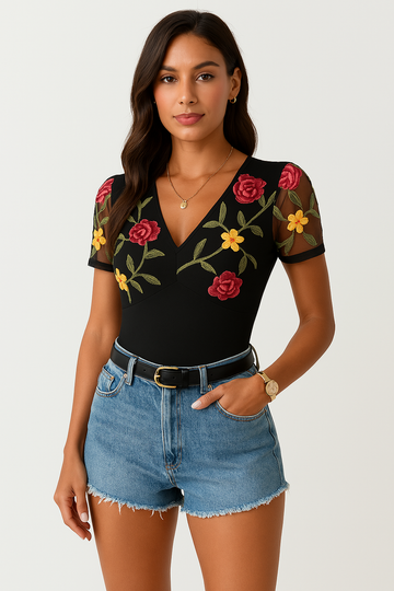 Women’s Bodysuit – Slim Fit – V-Neck – Mesh Sleeves – Floral Embroidered Detail