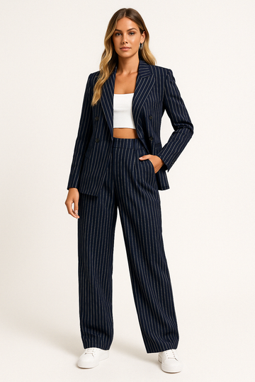 Women’s Blazer and Trouser Set – Tailored Fit – Pinstripe – Double-Breasted – Wide Leg