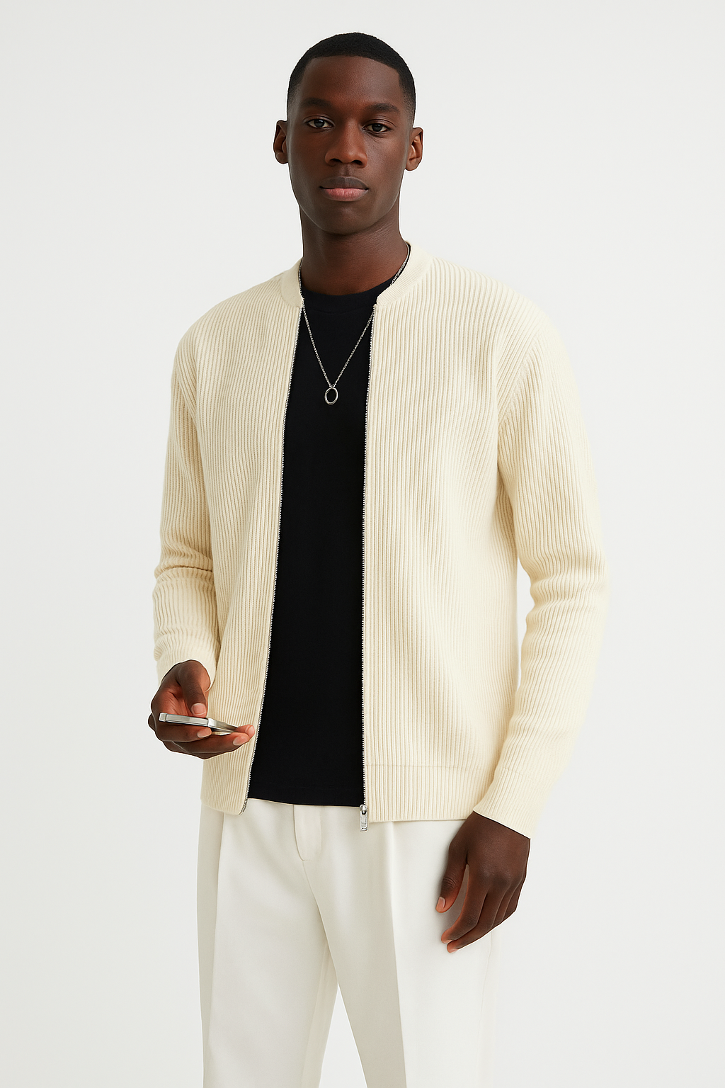 Men’s Cardigan – Ribbed Knit – Relaxed Fit – Double Zipper – Long Sleeve Layering