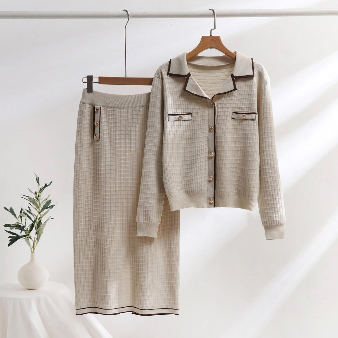 Women’s Two-Piece Knit Set – Polo Neck Cardigan – Slim-Fit Midi Skirt – Grid Texture