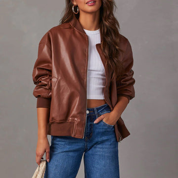 Women’s Bomber Jacket – Leather Look – Relaxed Fit – Ribbed Trim – Zip Front Closure