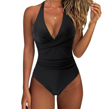 Women’s One-Piece Swimsuit – Push-Up – Deep V-Neck – Halter – Ruched – High Cut Leg