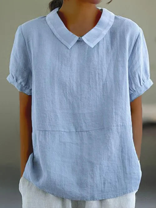 Women's Linen Blouse - Short Sleeve - Relaxed Fit - Peter Pan Collar - Breathable