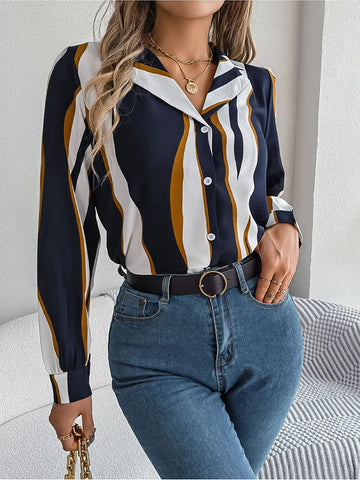 Women's Blouse - Wave Stripe Pattern - Button-Up Long Sleeve - Casual Fit