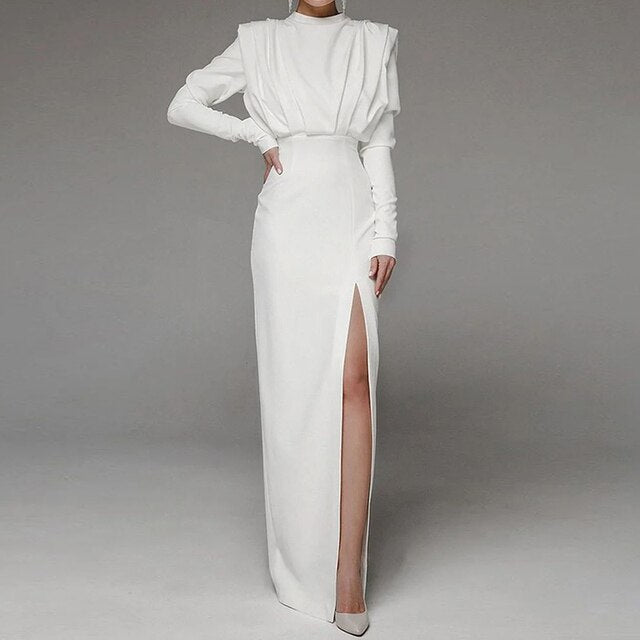 Women's Evening Gown - Long Sleeve - High Slit - Floor Length Elegant Dress