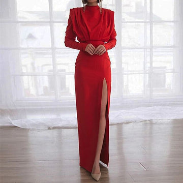 Women's Evening Gown - Long Sleeve - High Slit - Floor Length Elegant Dress