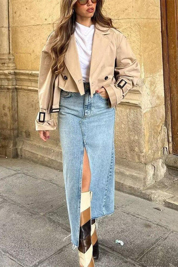 Women’s Denim Skirt – High Waisted – Front Split – Midi Length – Fitted Silhouette