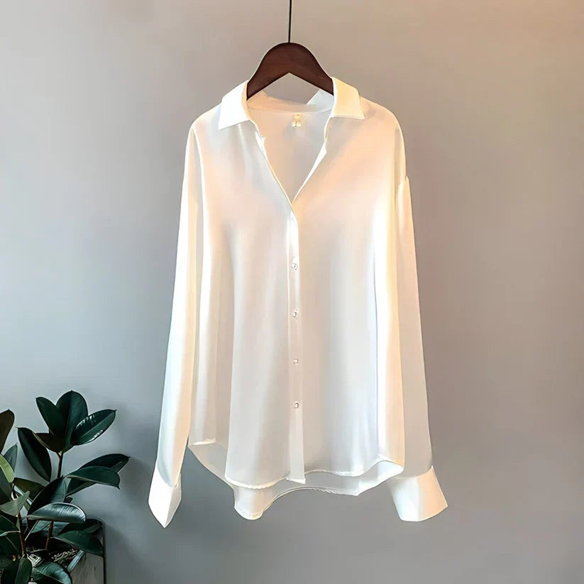Women's Silk Blouse - Button-Up - Relaxed Fit - Long Sleeve - Classic Collar