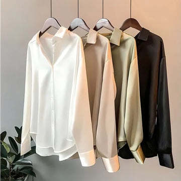 Women's Silk Blouse - Button-Up - Relaxed Fit - Long Sleeve - Classic Collar