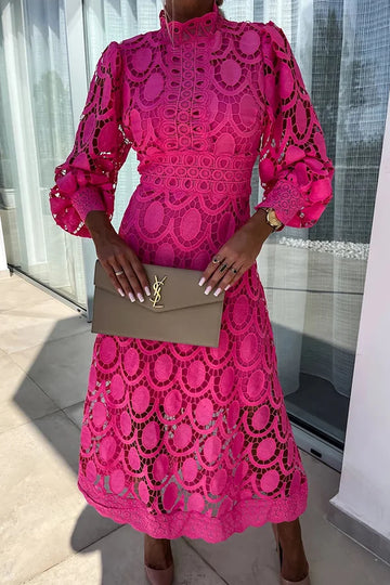Women's Lace Midi Dress - High Neck - Long Puff Sleeves - Elegant A-Line Fit