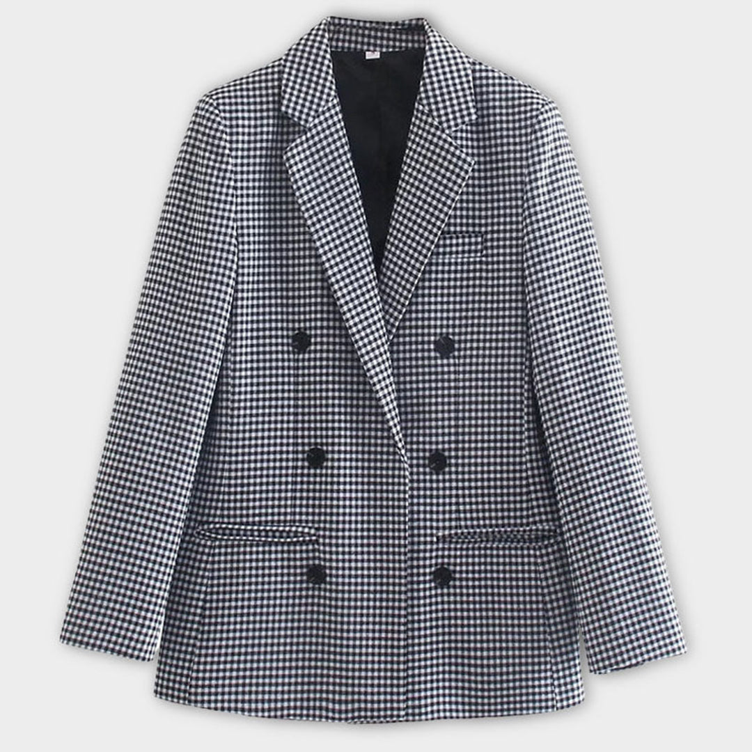 Women's Double-Breasted Blazer - Gingham Pattern - Tailored Fit - Wide Lapels - Elegant Formal Wear