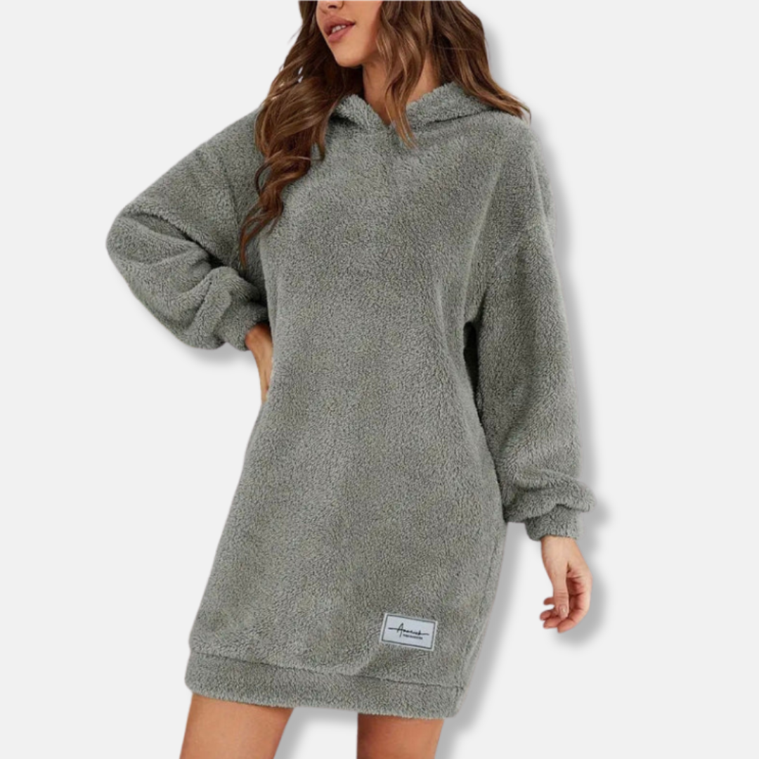 Women’s Hoodie Dress – Fleece Texture – Oversized Fit – Long Sleeve Lounge Style