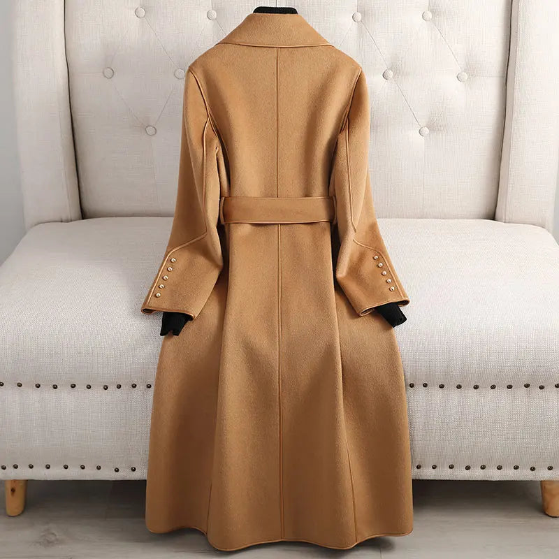 Women's Wool Trench Coat - Fitted Silhouette - Belted Waist - Notched Lapel Collar