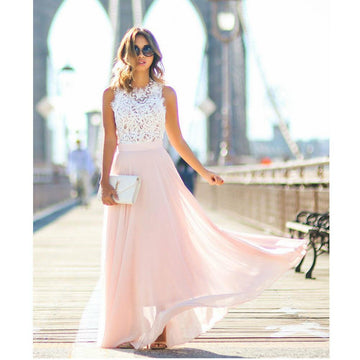 Women's Sleeveless Gown - Elegant Lace Top - Flowing Long Skirt - Formal Occasion Wear