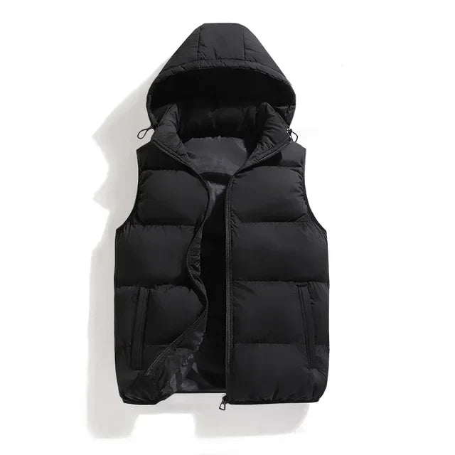 Men’s Padded Vest - Insulated Quilted Design - Removable Hood - Zipped Pockets