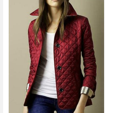 Women's Quilted Jacket - Tailored Fit - Wide Collar - Button-Up Elegant Outerwear