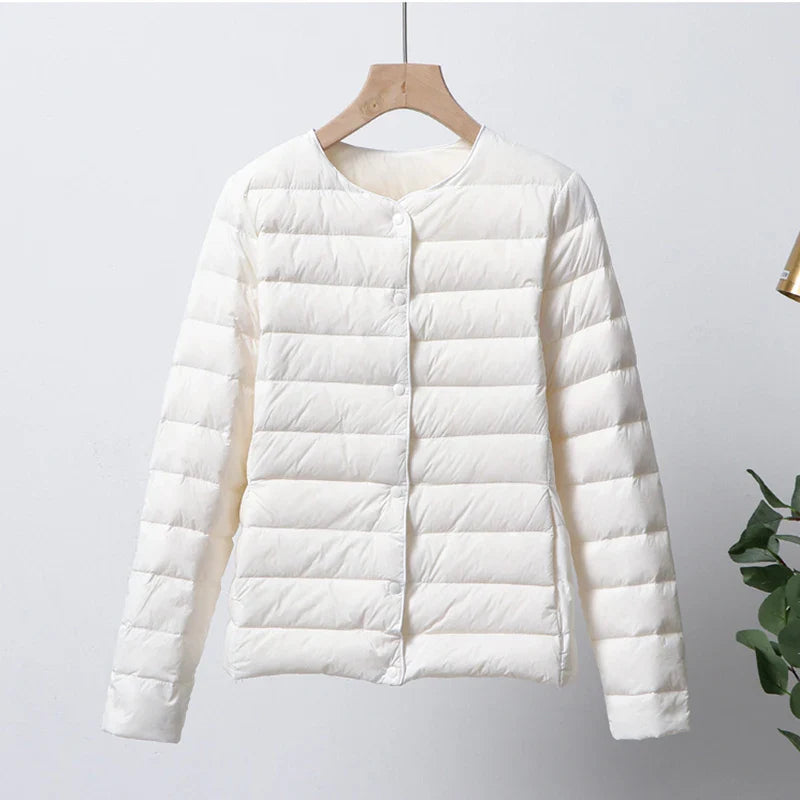 Women's Puffer Jacket - Lightweight Quilted - Button Front - Round Neck Casual Wear