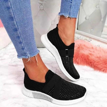 Women’s Slip-On Sneakers – Breathable Knit – Velcro Strap – Ribbed Sole Casual Trainer