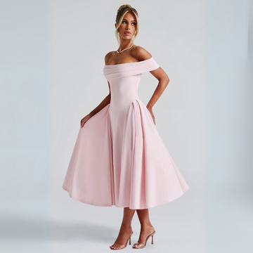 Women's Midi Dress - Off-the-Shoulder - Fit-and-Flare Elegant Formal Wear