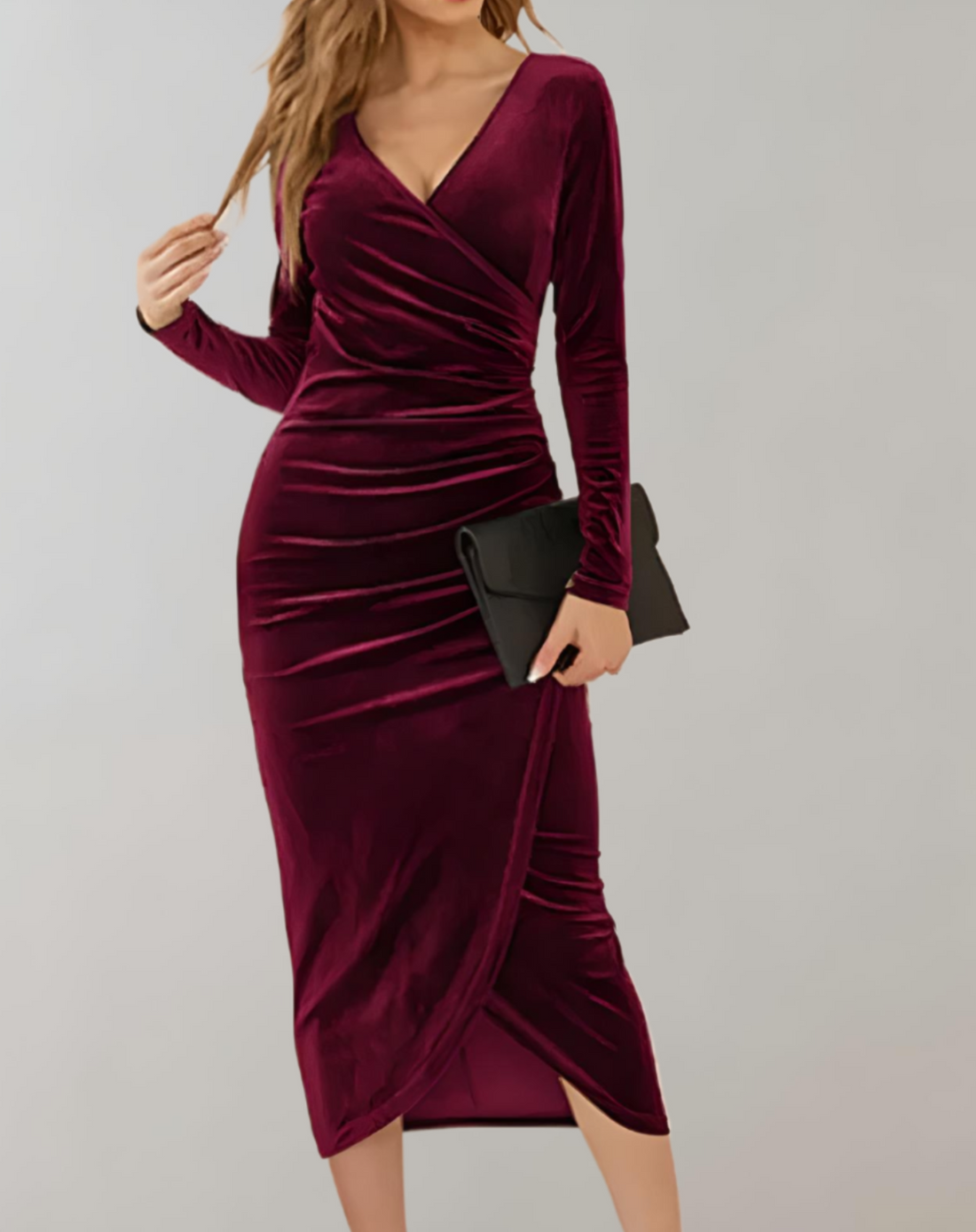 Women’s Bodycon Dress – Wrap Bodice – Ruched Waist – Satin Look – Midi Length