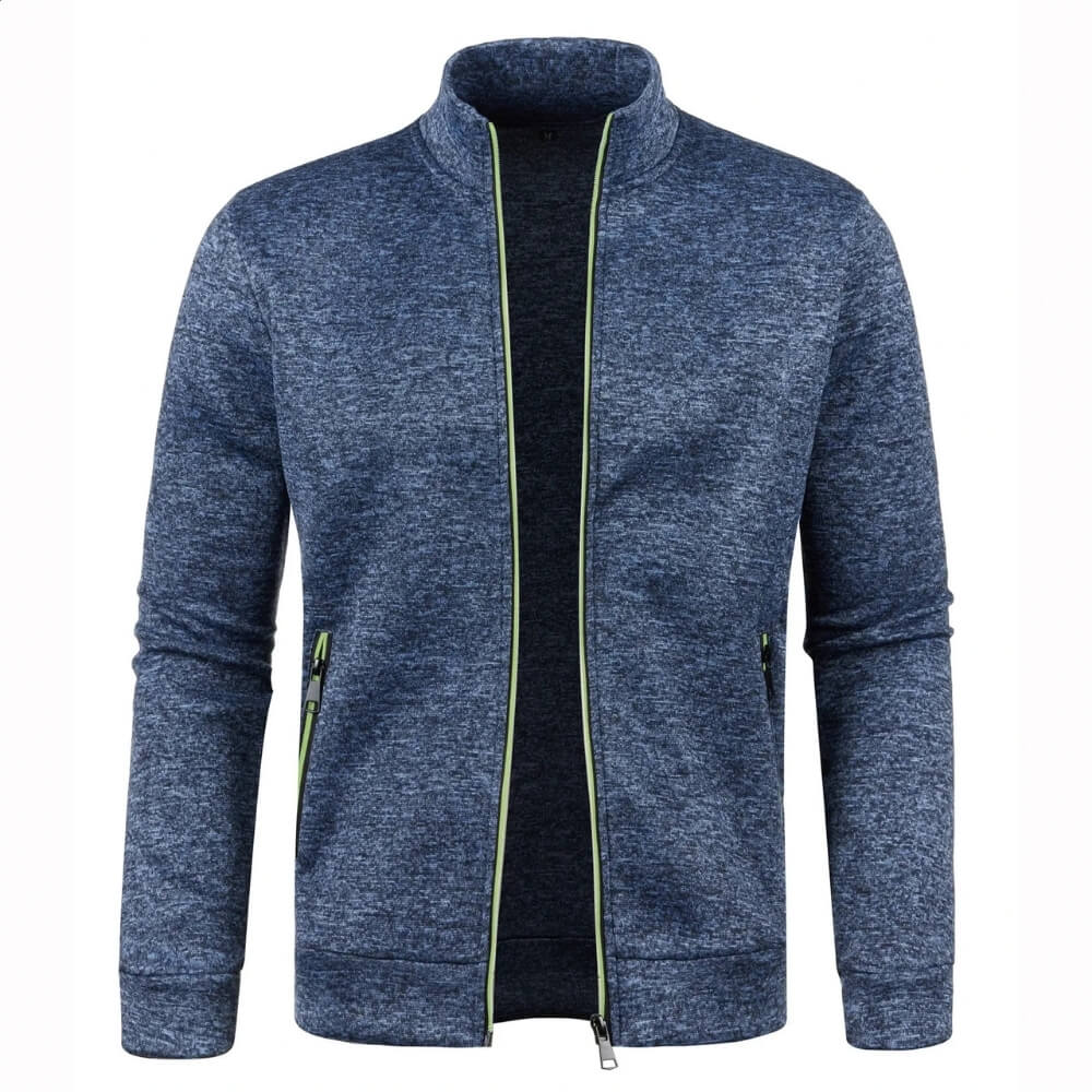 Man in activewear long sleeve cardigan jacket, zip-up, perfect for workouts or casual wear.