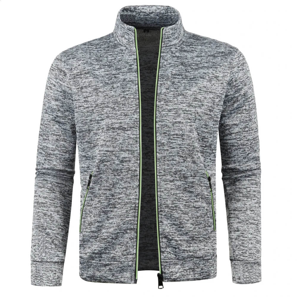 Man wearing an activewear long sleeve cardigan, zip-up style, for workouts or casual wear.