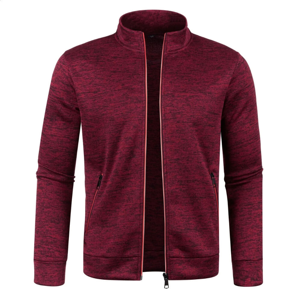 Man wearing activewear long sleeve cardigan, zipped up, for workout or casual wear.