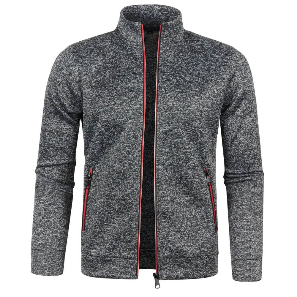 Man in activewear long sleeve cardigan jacket zipping up, perfect for workouts and casual wear.
