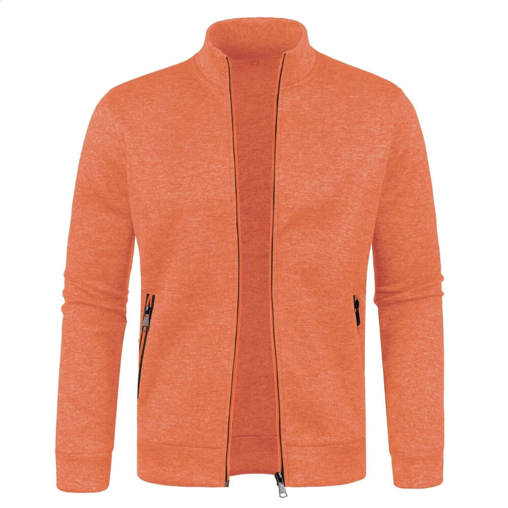 Man wearing activewear long sleeve cardigan, zip-up style, perfect for workouts or casual wear.
