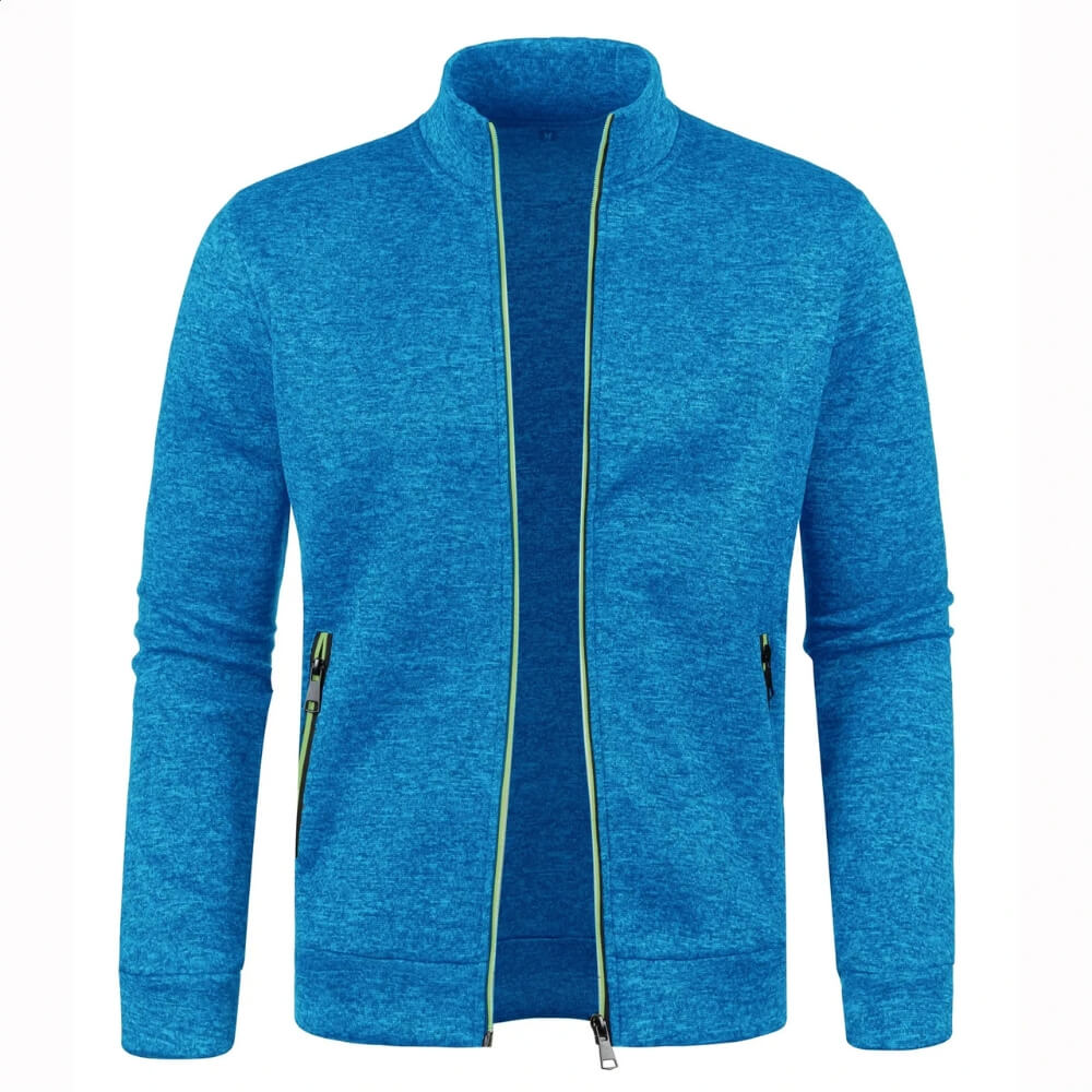 Man wearing activewear long sleeve cardigan, zip-up style, ideal for workouts and casual wear.