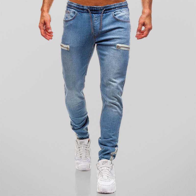 Men’s Jogger Pants – Slim Fit Denim – Elastic Waist – Zipper Pockets – Ribbed Cuffs