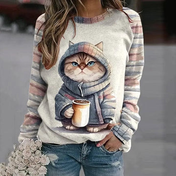 Women’s Pullover Sweater – Relaxed Fit – Cotton Knit – Cat Graphic – Ribbed Trim