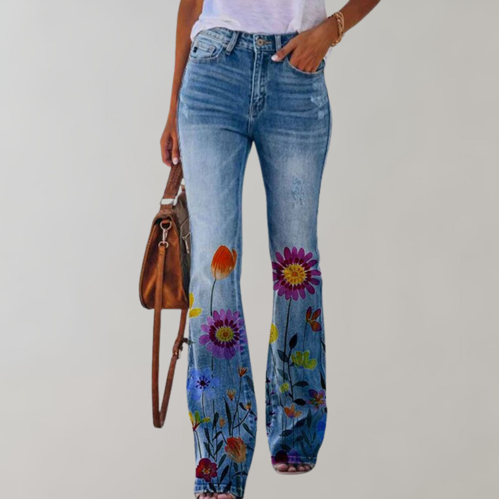Women’s Flared Jeans – High Waist – Denim – Floral Print – Retro Boho Style