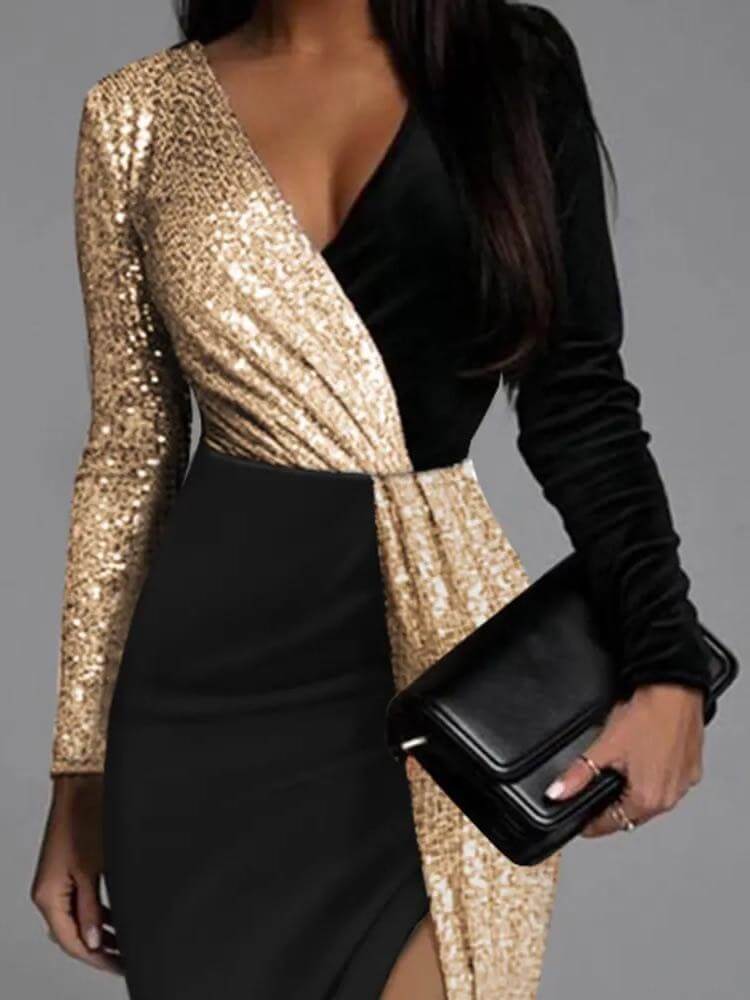 Women's Cocktail Dress - Wrap V-Neck Midi - Sequin Sleeve - Thigh-High Slit Elegant Fit