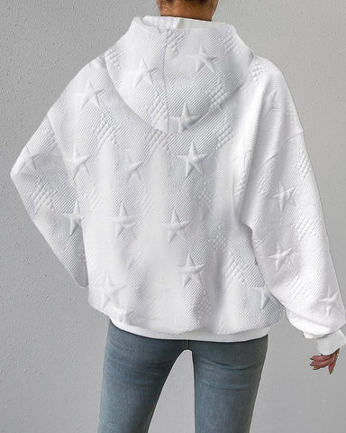 Women’s Hooded Sweater – Oversized Knit – Embossed Star Pattern – Long Sleeve